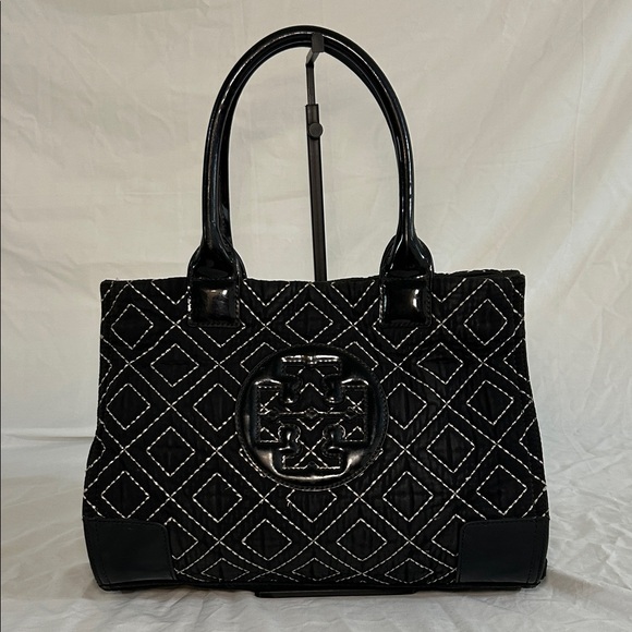 Tory Burch Ella Quilted Tote Bag Black White Stitching Details Large Purse - Picture 1 of 12